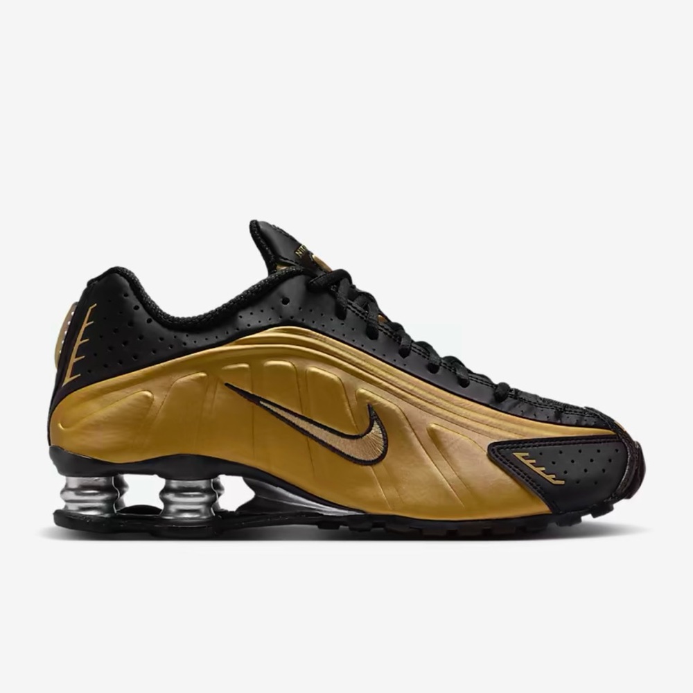 Nike WMNS Shox R4
Sneakers 
Black/Metallic Silver/Metallic
Gold
Style AR3565-005 - Picture 6 of 16